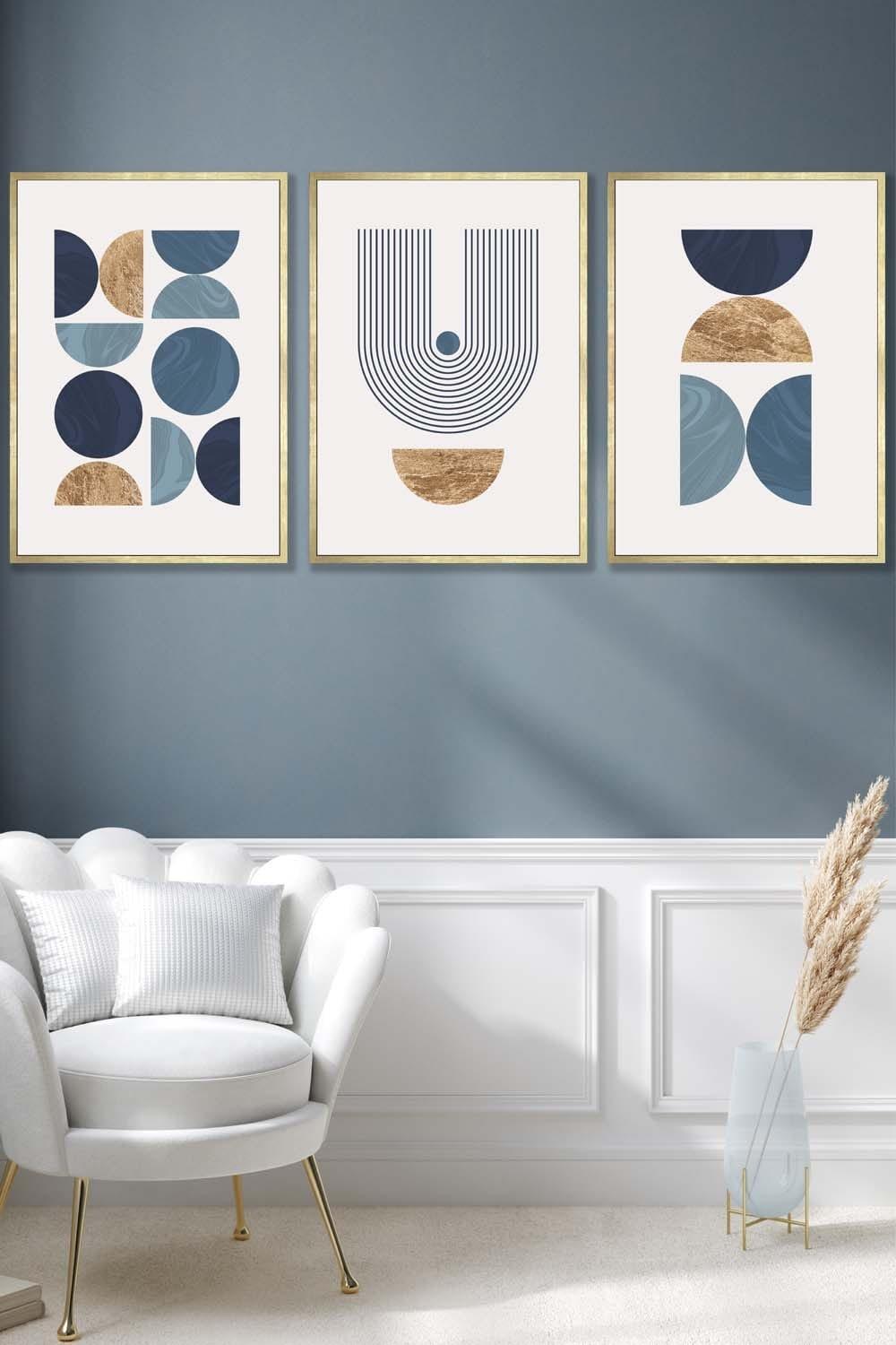 Mid Century Geometric in Blue and Gold Framed Wall Art - Large